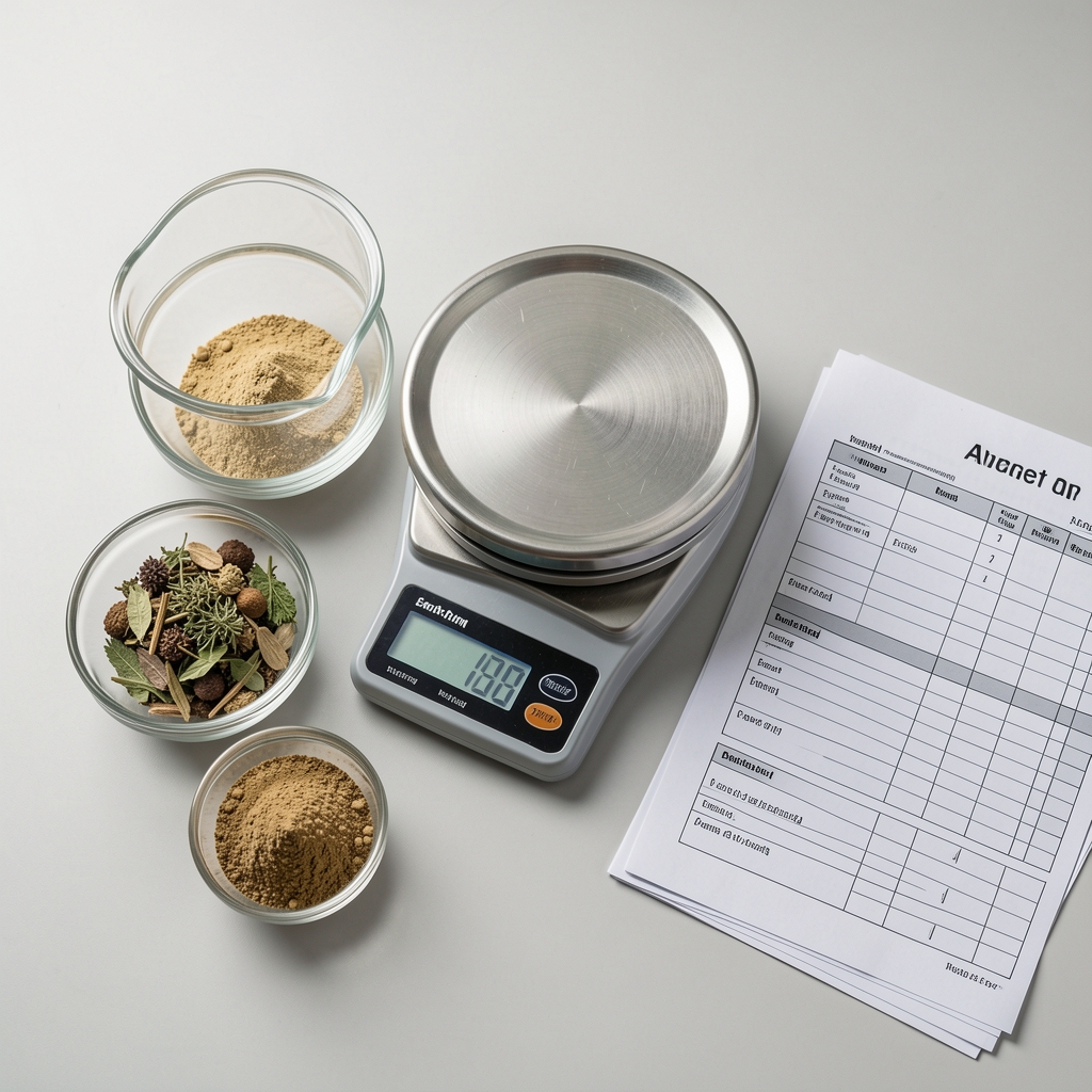 Overhead view of ingredient weighing station with small glass bowls of botanical powder, a precision scale, and paper batch records under controlled studio lighting