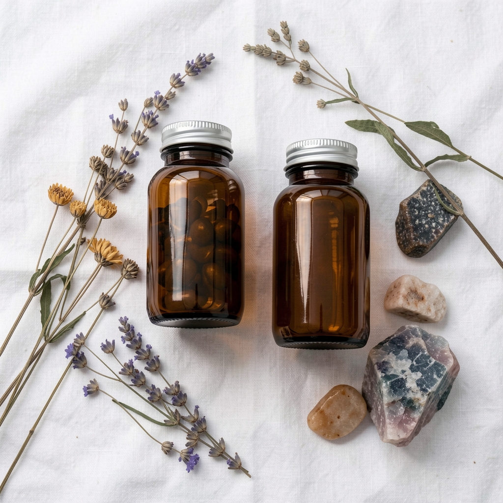 Clean flat-lay of amber glass supplement containers arranged on white linen with dried botanical herbs and mineral stones beside them