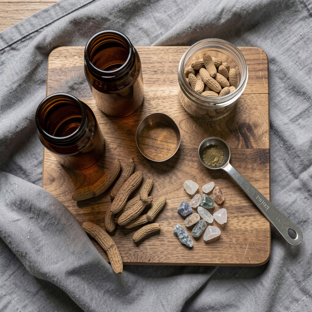 Overhead view of a wooden preparation table with several amber glass containers, a measuring spoon, dried ashwagandha root and zinc mineral pieces arranged carefully on grey linen