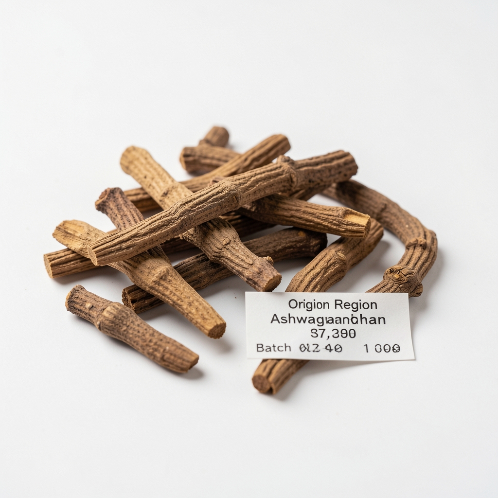Dried ashwagandha root pieces on a clean white surface with a small botanical information card showing origin region and batch code