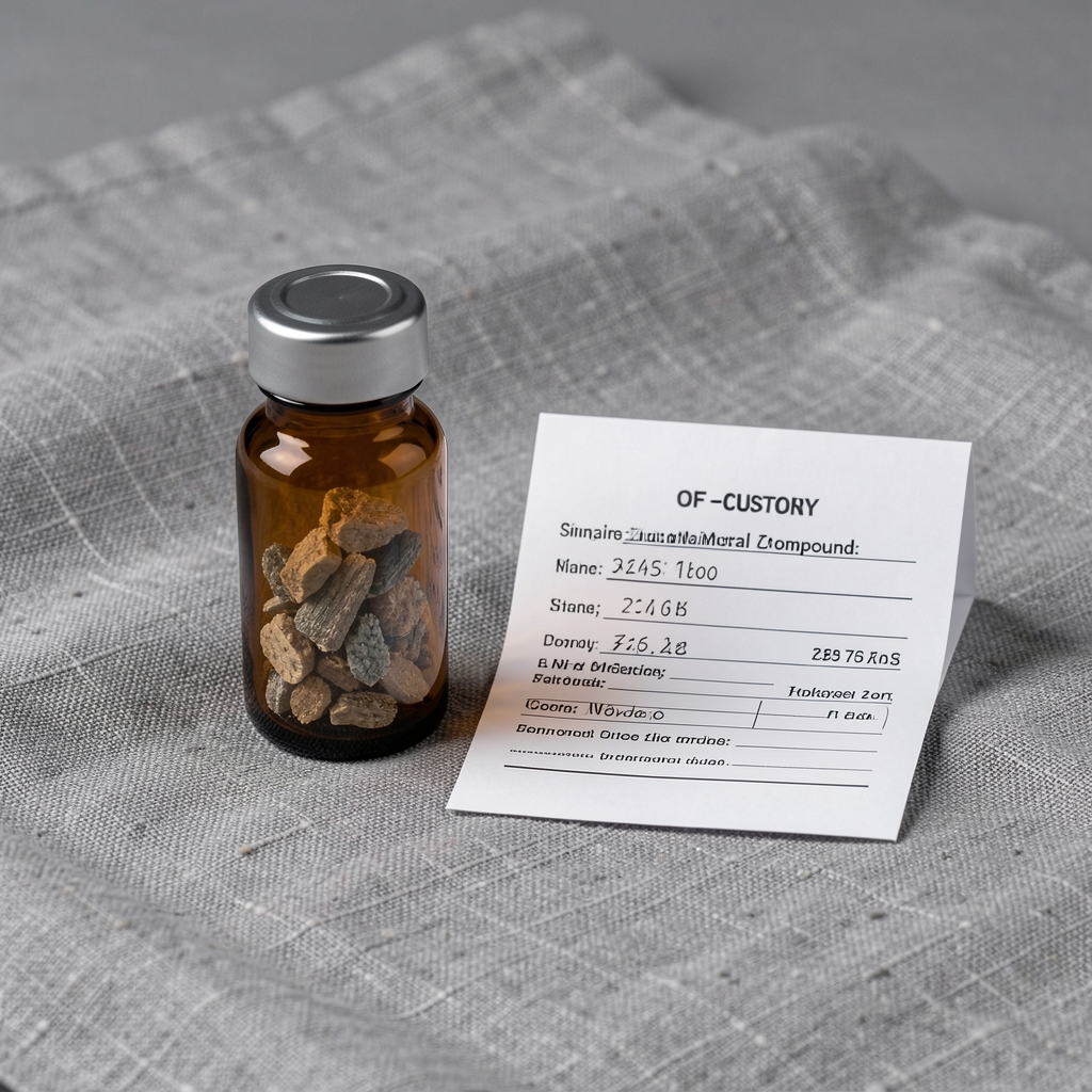 Small amber glass vial of zinc mineral compound with chain-of-custody document folded beside it on grey linen, photographed under controlled lighting
