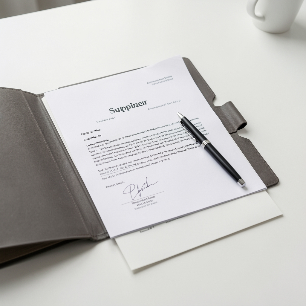 Supplier documentation folder open to a certificate of composition page, pen resting across it on a clean white desk