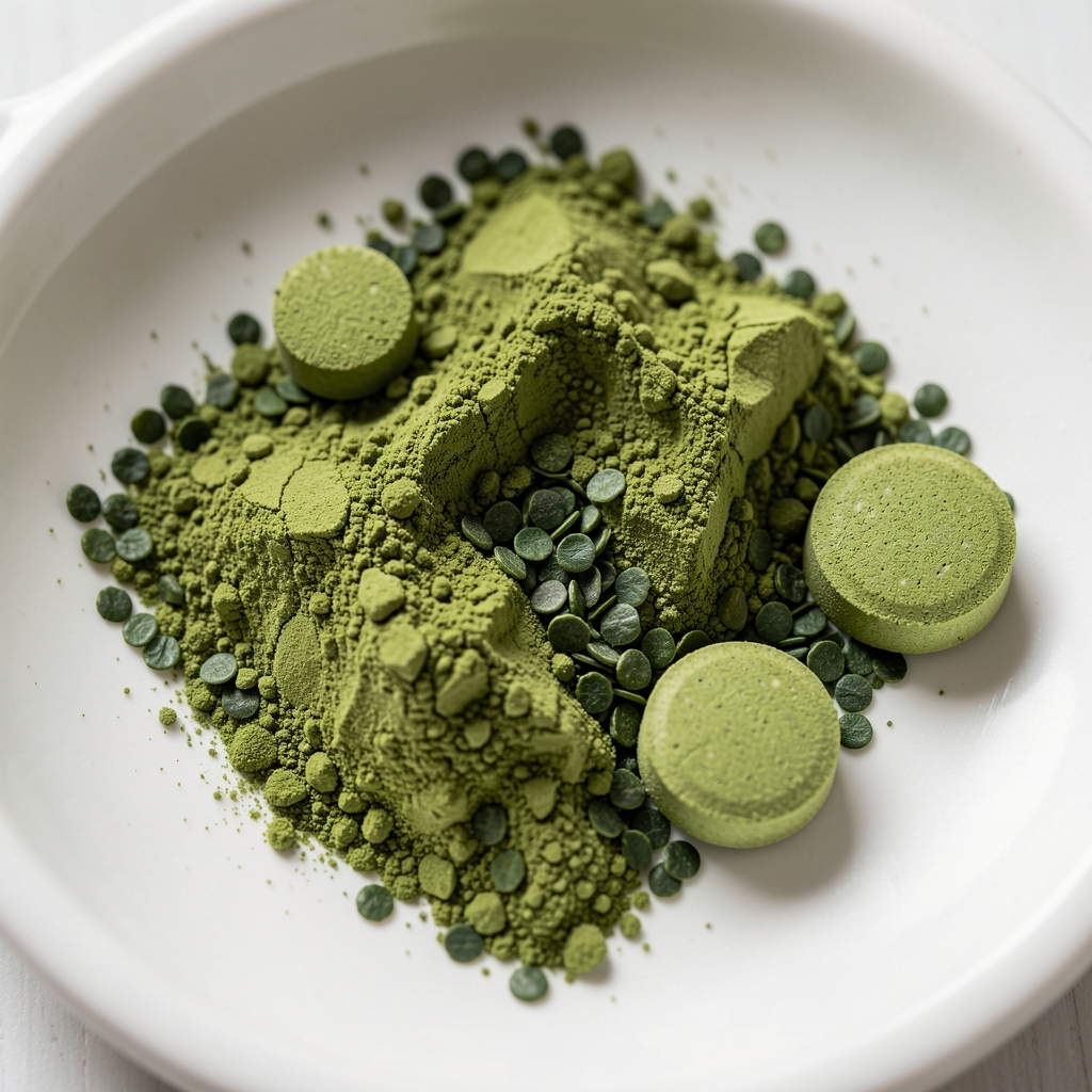Macro photograph of green matcha powder, spirulina flakes and chlorella tablets arranged in geometric pattern on white ceramic surface