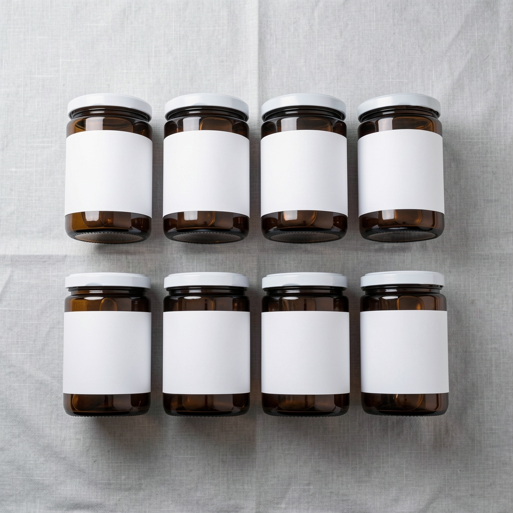 Panoramic flat-lay of the full Solaniv supplement range showing twelve amber glass jars of varying sizes with minimalist white labels arranged in two rows on a light grey linen surface