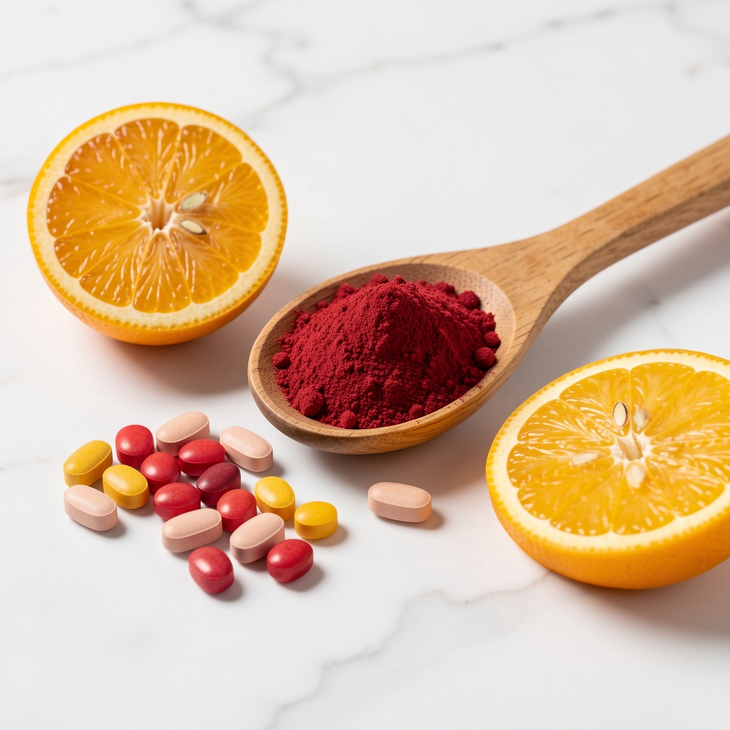 Arrangement of vitamin C tablets, rosehip powder in wooden spoon and citrus fruit slices on white marble surface under bright studio lighting