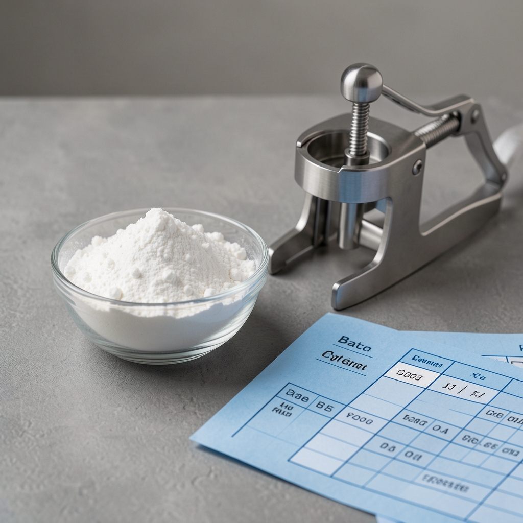 Small glass bowl of magnesium glycinate powder beside a stainless steel capsule press tool on a grey work surface with blue batch record card