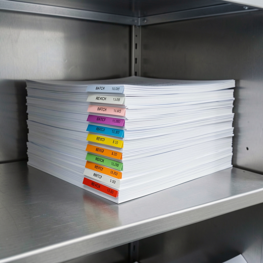Stack of batch record folders with colour-coded revision tabs on a clean stainless steel shelf in a supplement production environment